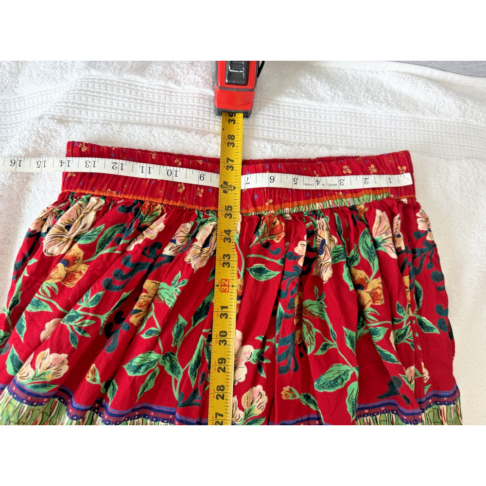 Vintage Red Blue Floral Maxi Skirt Womens large Boho Striped Rayon Cottagecore - Picture 6 of 9